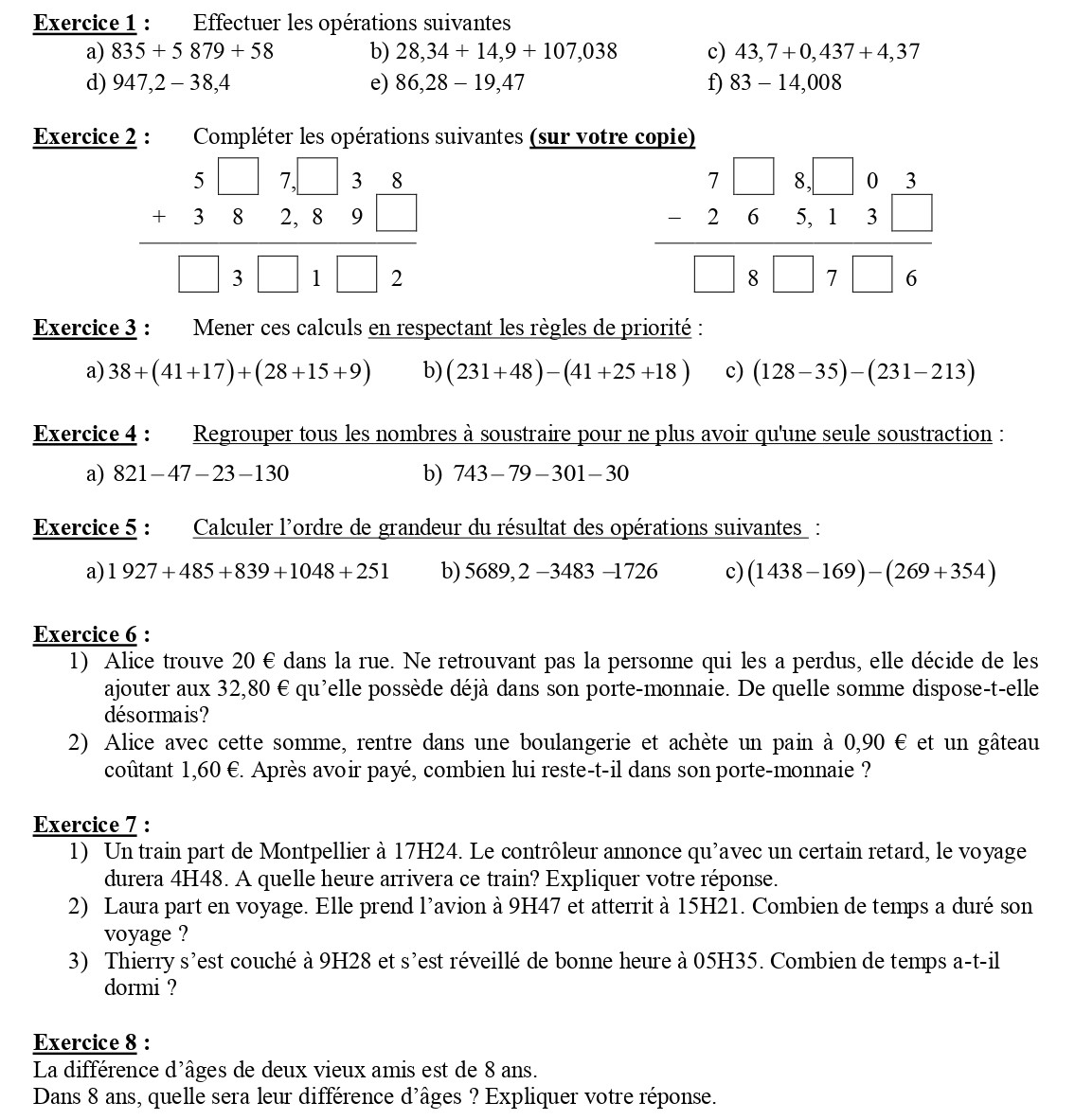 Addition Et Soustraction De Nombres D Cimaux Valuations