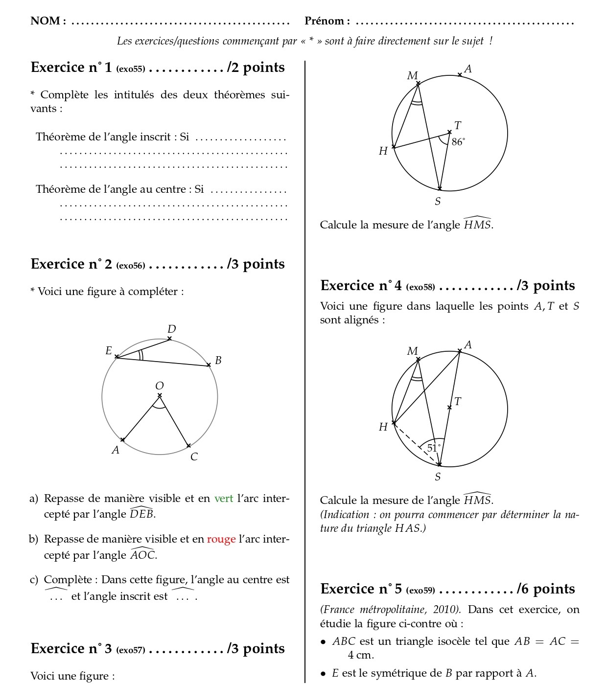 Angles Inscrits Et Angles Au Centre Valuations Corrig S